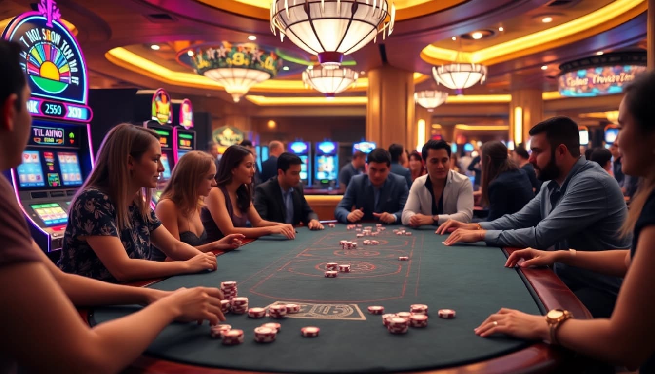 Engaged players enjoying the thrilling atmosphere at DF999 casino table with vibrant slot machines.