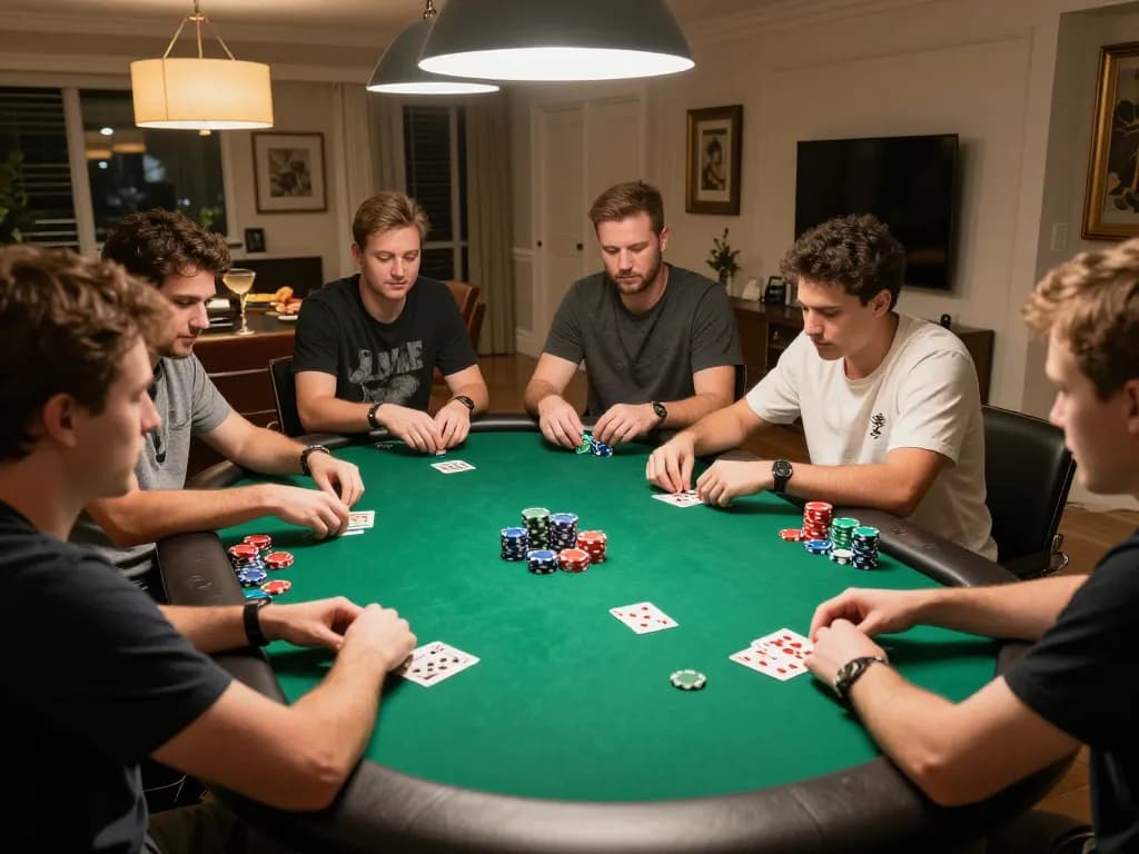 Players enjoying poker night with cm88-themed chips and cards at a cozy home setting.