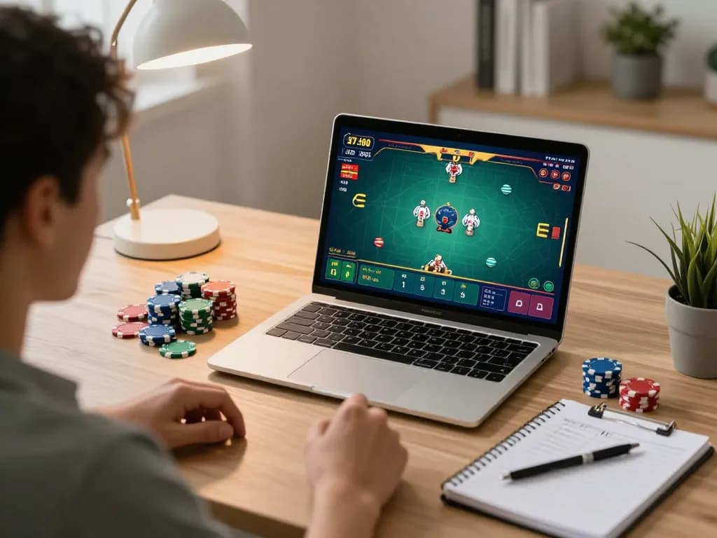 Player strategizing poker hands on a laptop for aa88 online gaming