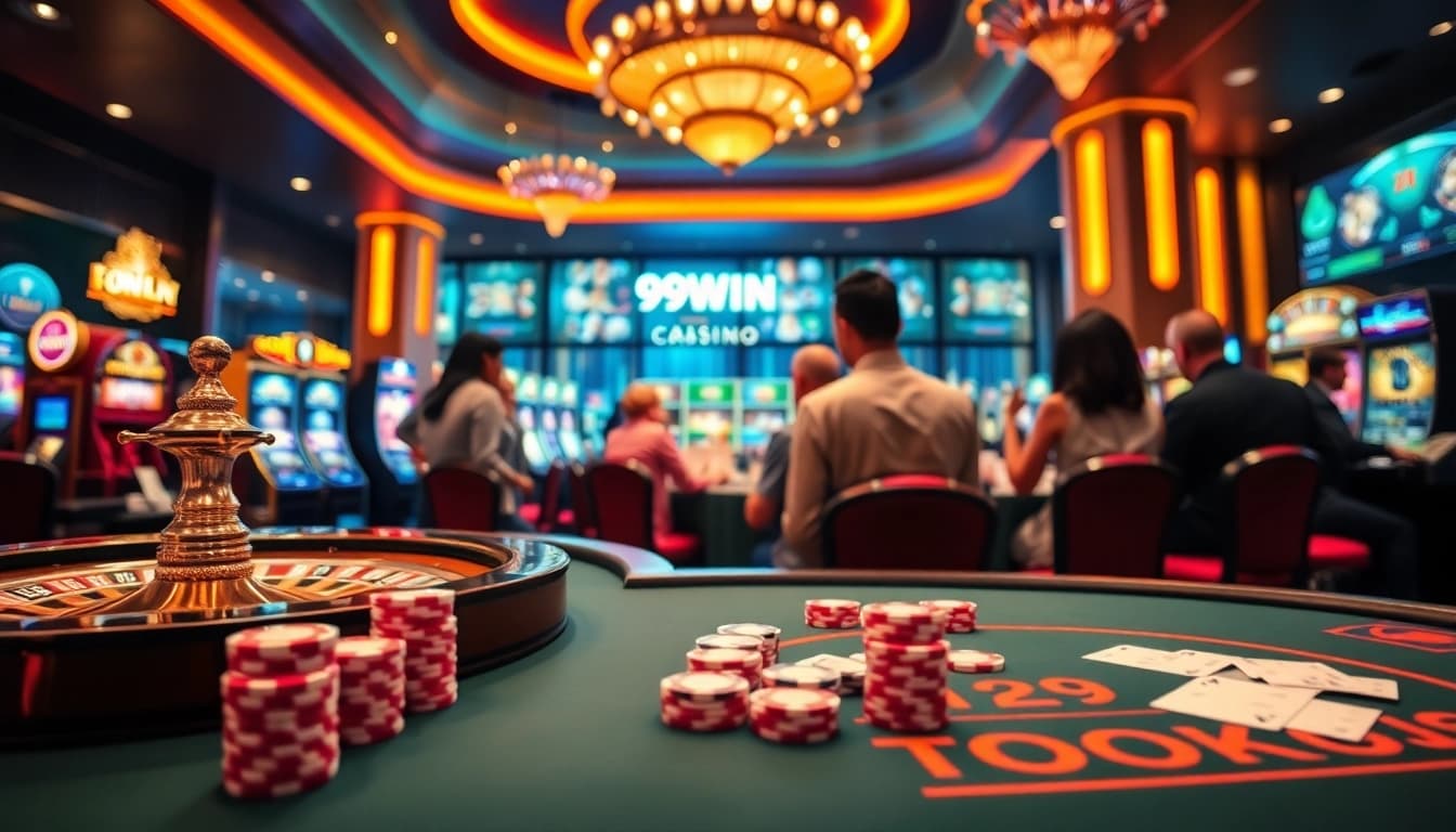 Exciting casino gaming scene highlighting 99WIN with luxurious tables, vibrant slots, and diverse players.