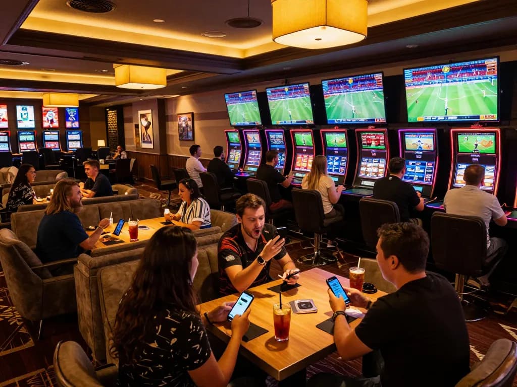 Engaged patrons placing bets at JUN88 sports betting lounge with multiple screens displaying events.