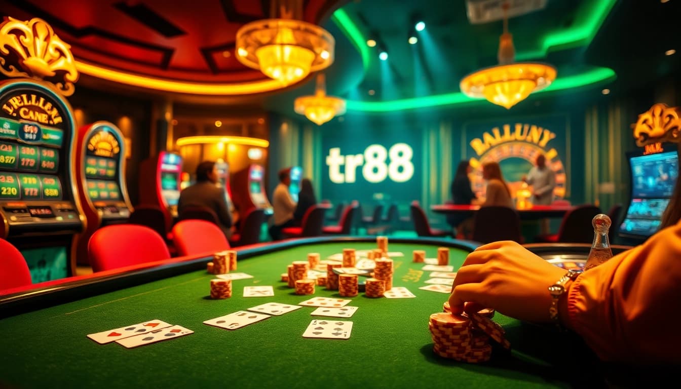 Exciting casino scene showcasing gambling elements like tr88 poker chips and slot machines, radiating luxury.