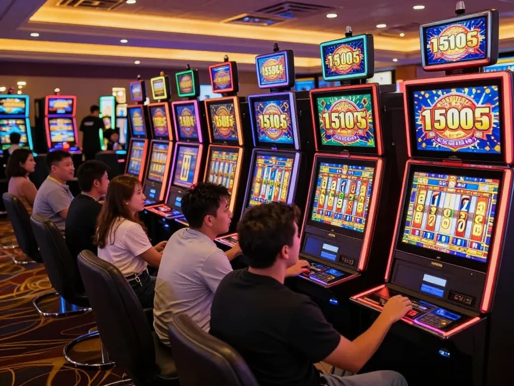 Players enjoying engaging slot machine experience with vibrant visuals and exciting gameplay on display.