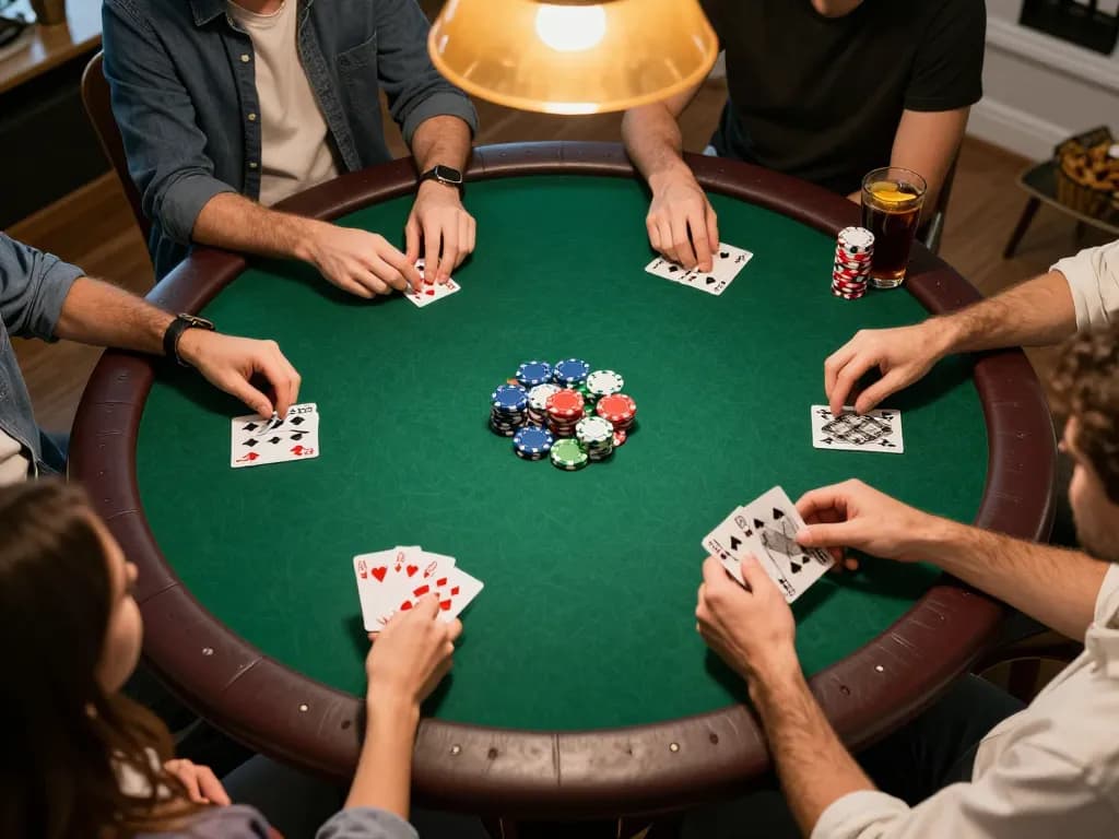 Players strategizing at a home poker game with 100 cuci chips and cards on the table.