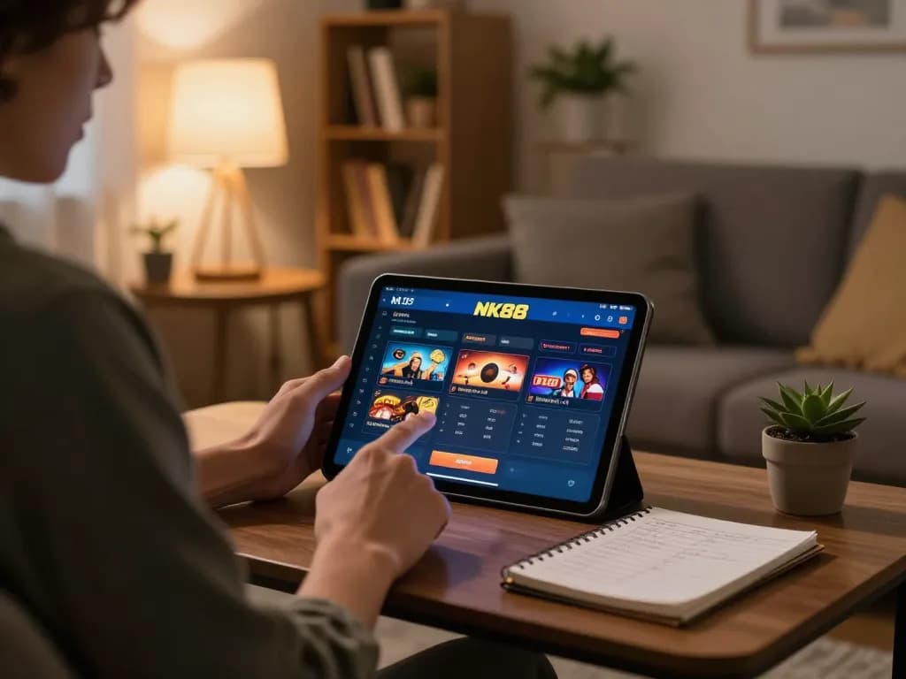 Engaging gameplay on nk88 app in a cozy living room, showcasing responsible online gambling.