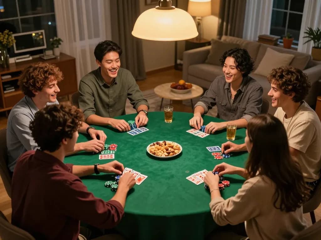 Sahabat menikmati malam poker di rumah, menunjukkan permainan strategis di meja bersama di https://www.theshackok.com/.