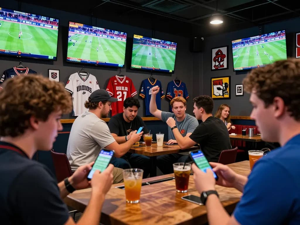 Fans engaging in sports betting with debet apps and live game analysis in vibrant sportsbook.