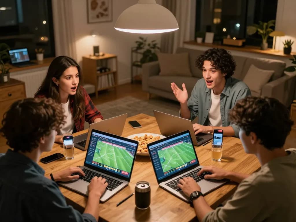 Friends excitedly placing bets on Bongdalu while enjoying a casual sports night