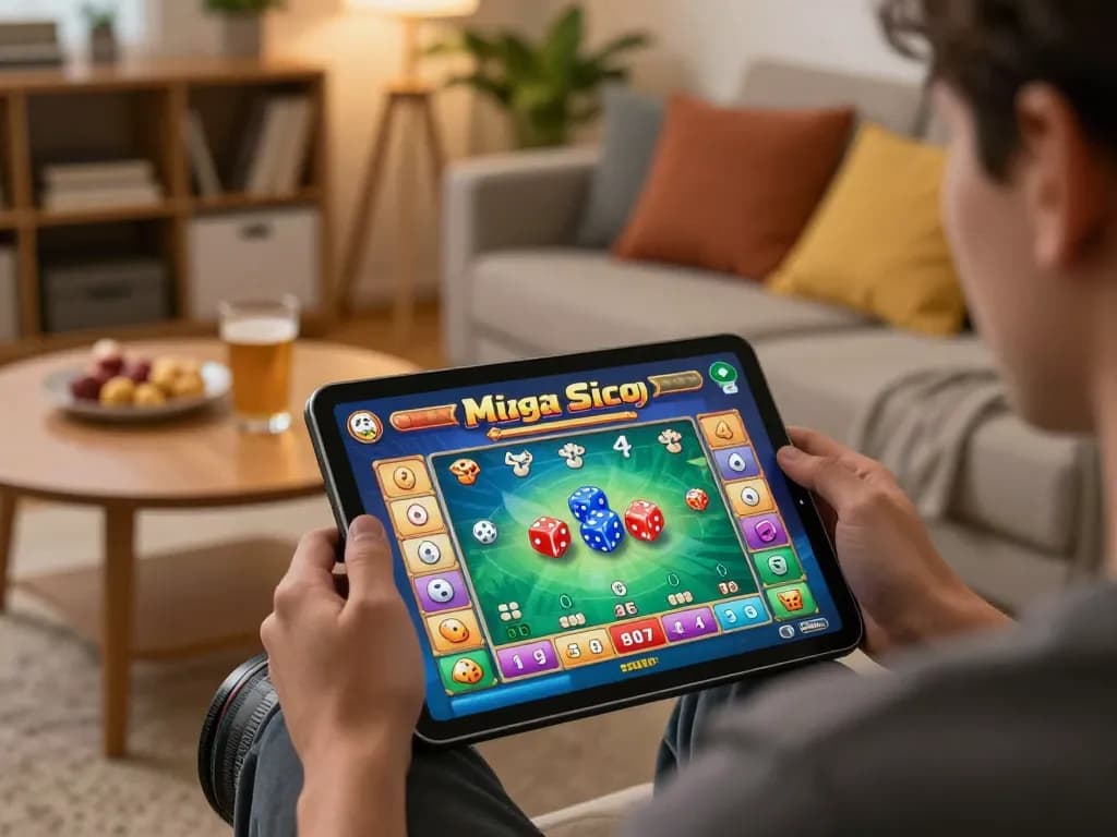 Playing Mega Sicbo on a tablet in a cozy home setting, vibrant game interface visible