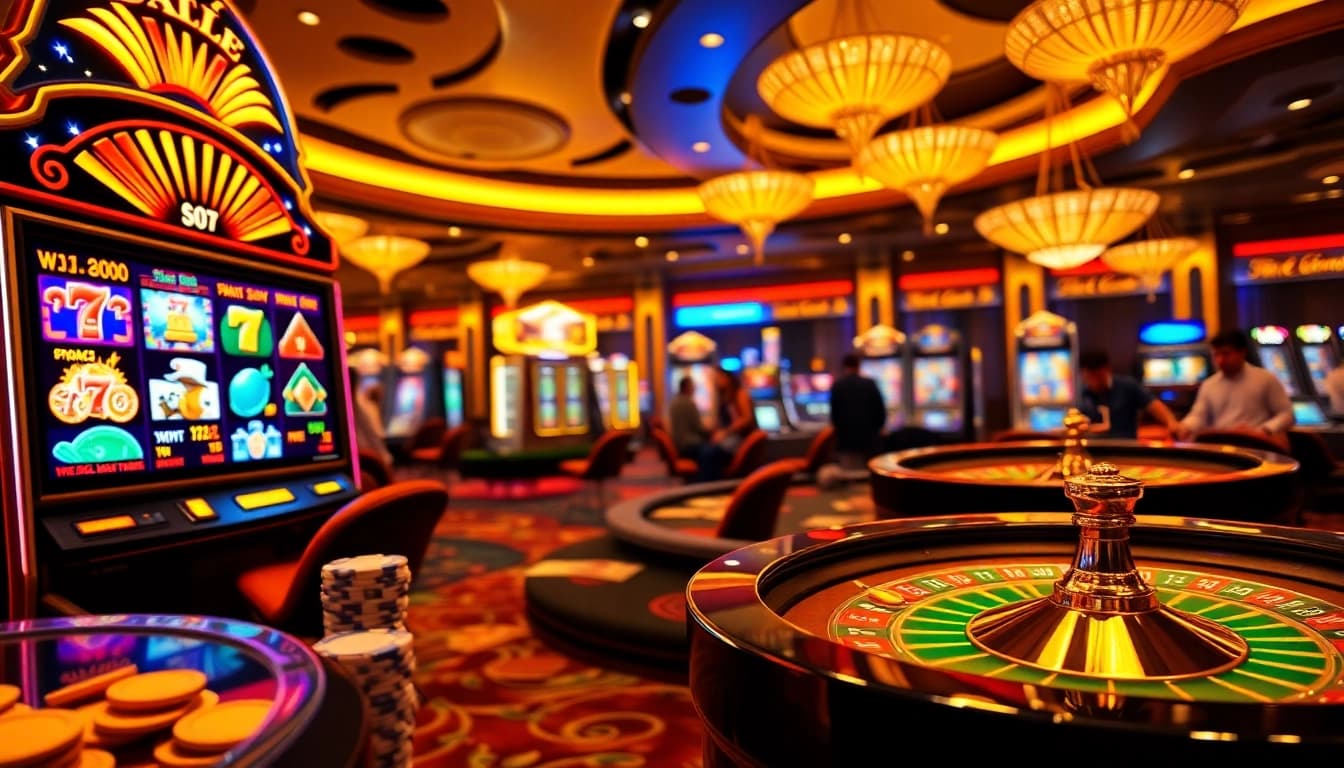 Engaging gamblers at a vibrant Pocket Games Soft slot machine in a luxurious casino.