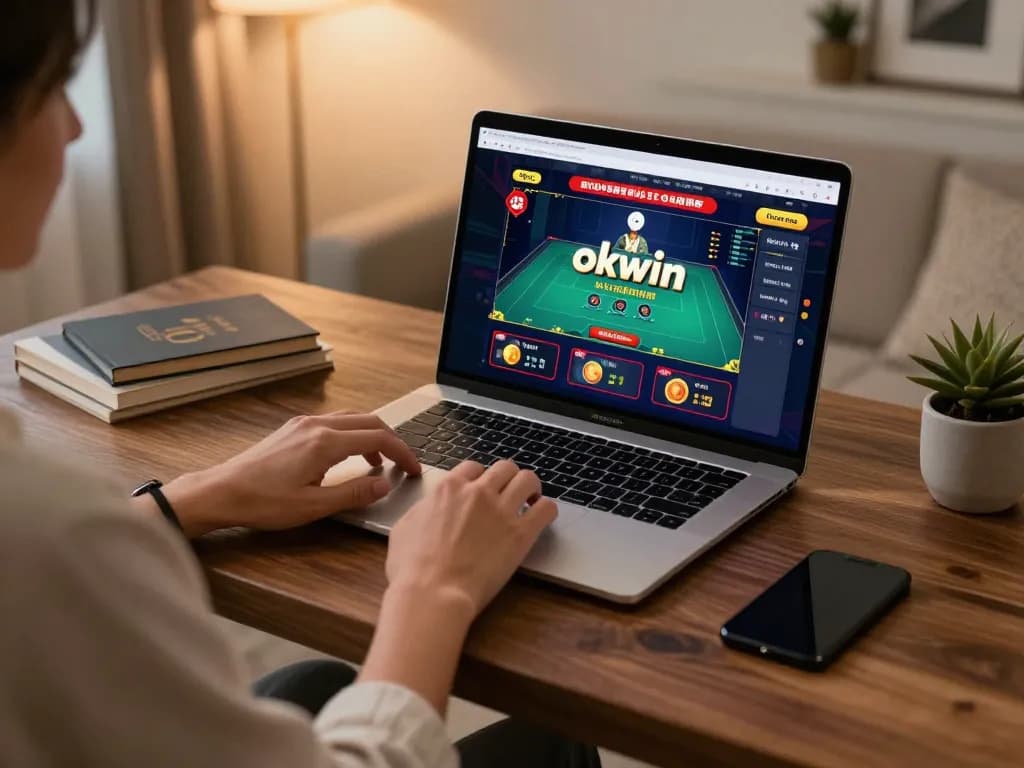 Engaging in the okwin game with a sleek laptop during a cozy home gaming session