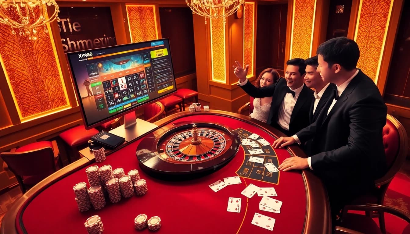 Engaging players at Trang Chủ XIN88 enjoy a luxurious casino experience with poker and roulette.