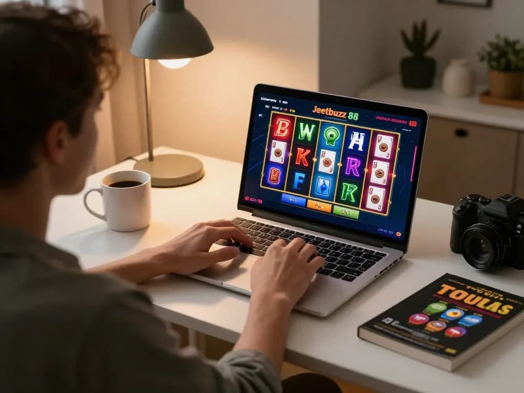 Engaging in online gaming with Jeetbuzz 88 on a laptop at home while enjoying a cozy atmosphere