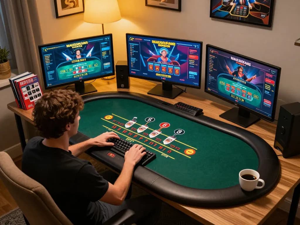 tt88 nohu player engaged in live dealer blackjack game on multiple screens in a cozy home setup.