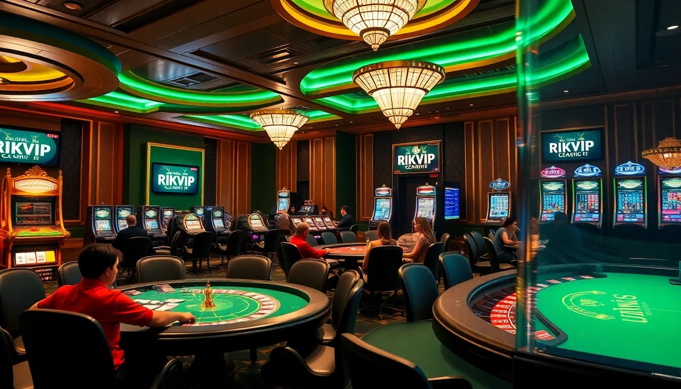 Exciting online gambling scene showcasing RIKVIP logo with poker chips and roulette wheels.