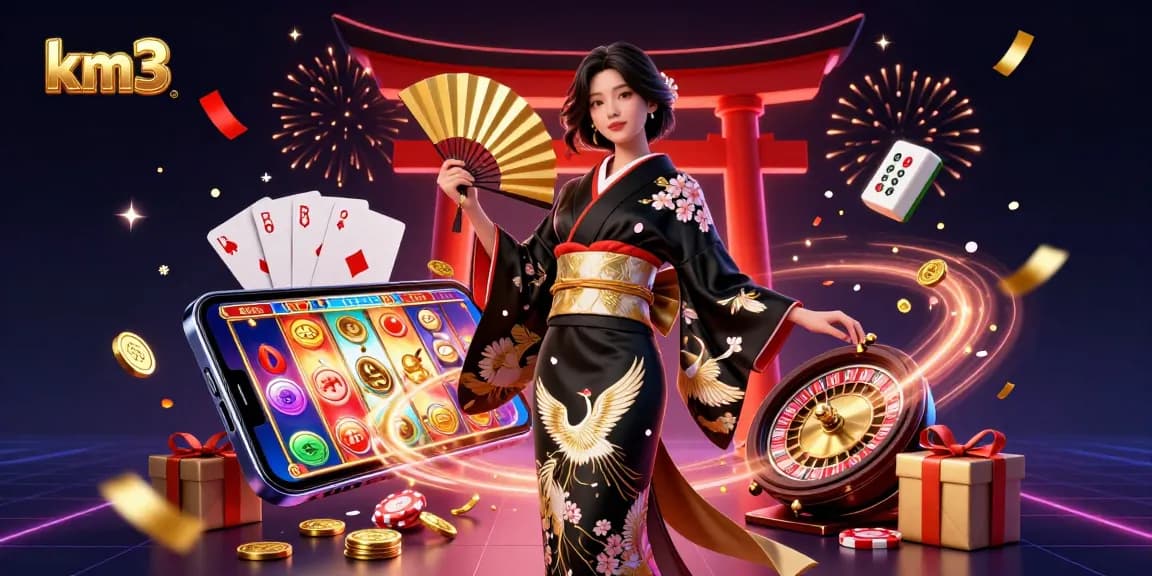 Experience the excitement at km3 with vibrant casino elements featuring an elegant Asian woman and immersive game graphics.