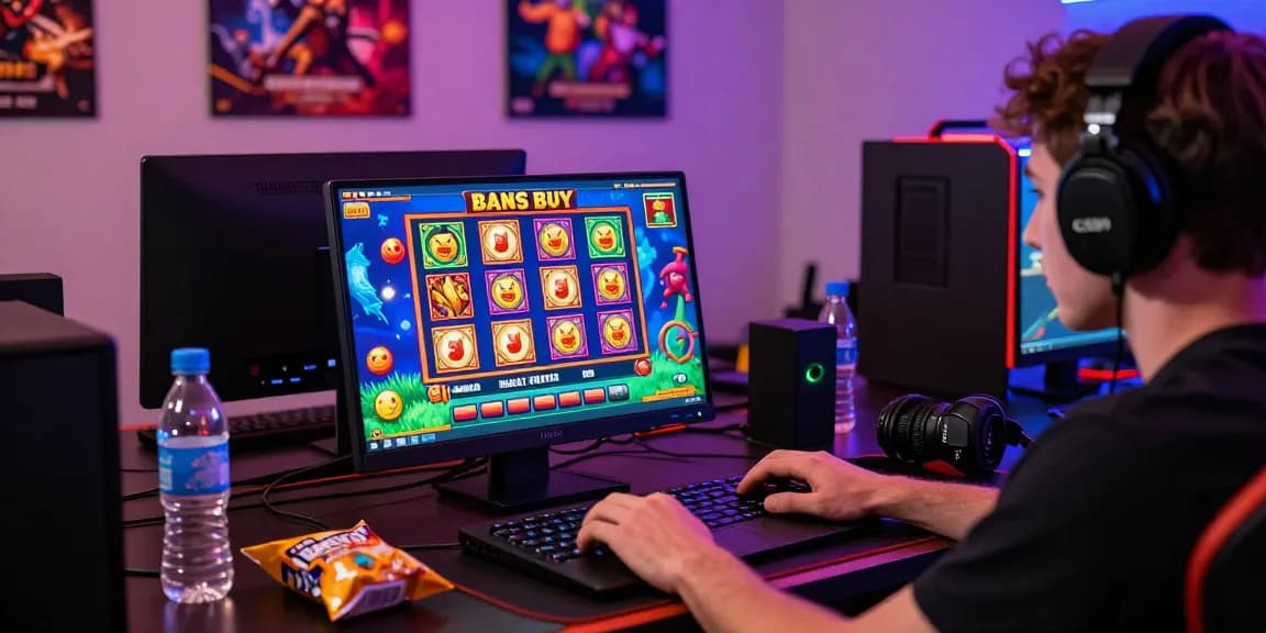 Player exploring bonus buy slots on laptop, engaging gaming setup with vibrant graphics.