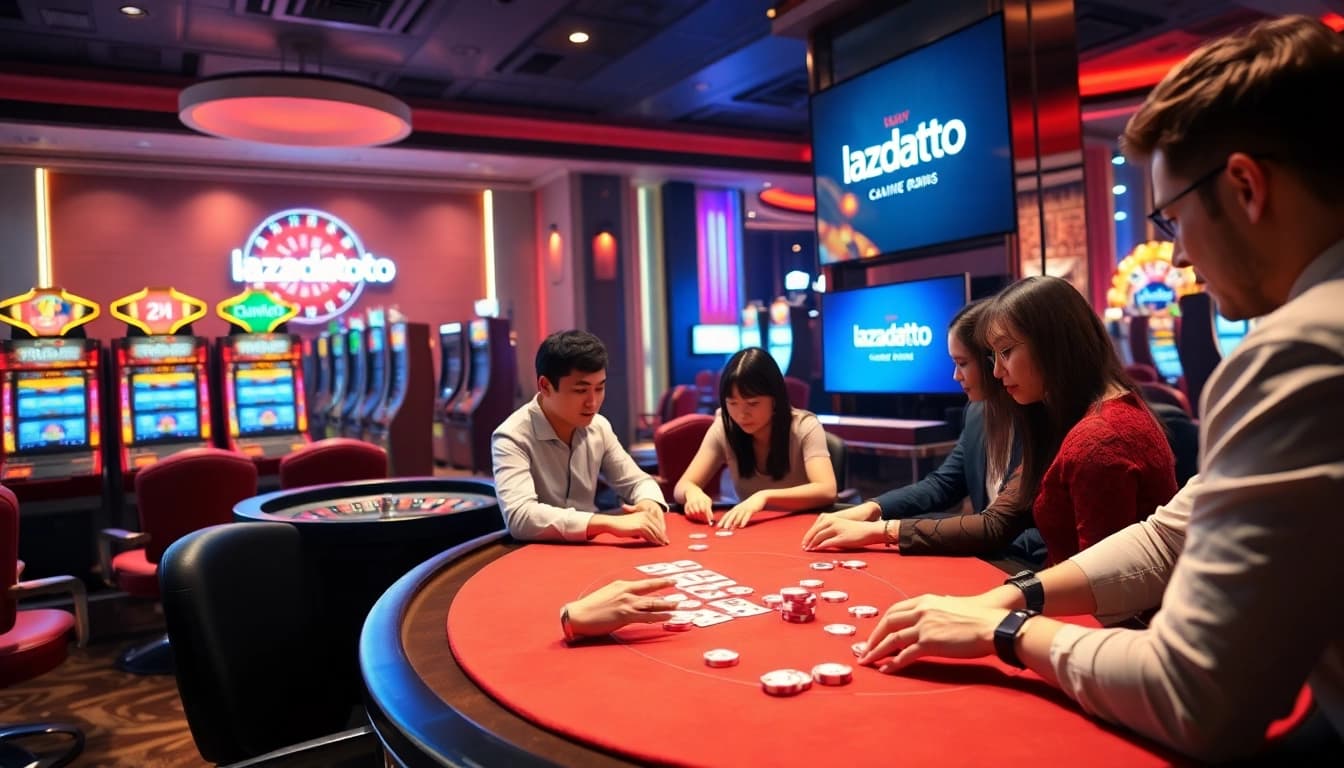 Players placing bets at a vibrant lazadatoto casino scene with dynamic gaming tables and slot machines.