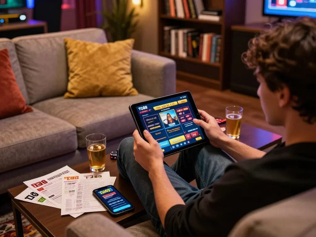 Engaging in online gaming at home with the leading nhà cái uy tín Tg88 on a tablet, surrounded by strategy notes and a cozy atmosphere.