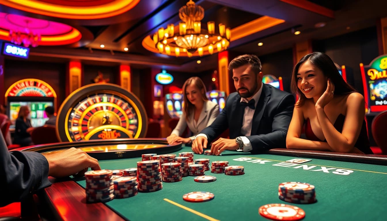 The lively atmosphere of 88xx casino featuring poker, roulette, and slot machines.