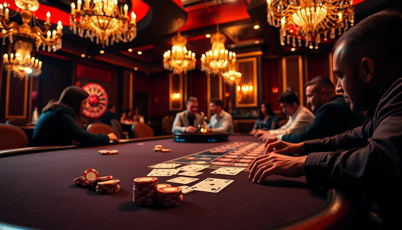 Engage with KJC's refined online gaming at the poker table featuring vibrant chips and cards.