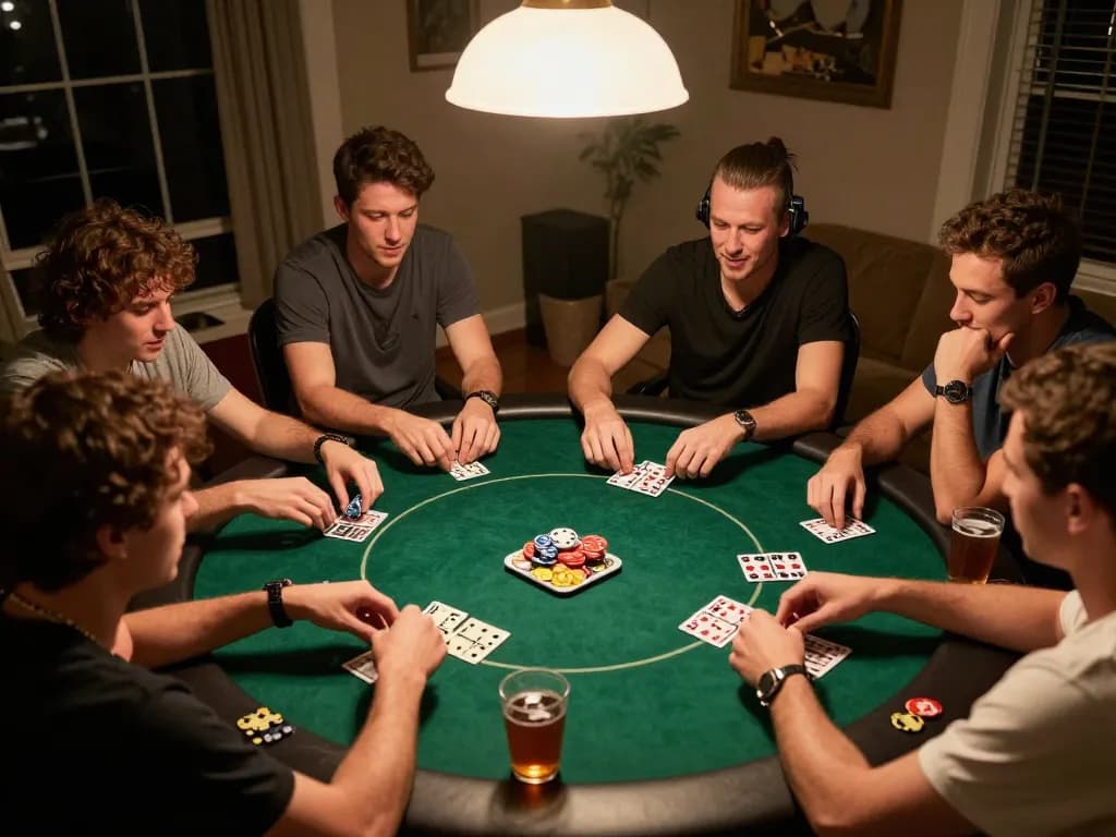 Friends enjoying an exciting game of domino88 poker around a lively home table with cards and snacks.