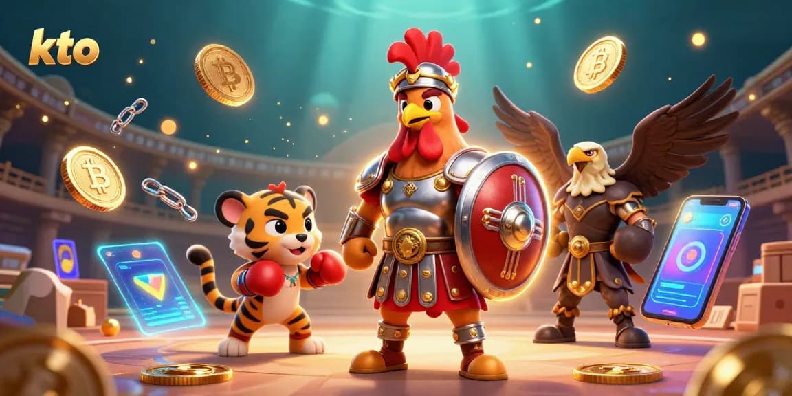 Engage with kto's vibrant casino scene showcasing a playful rooster and tiger, enhanced by glowing crypto elements.