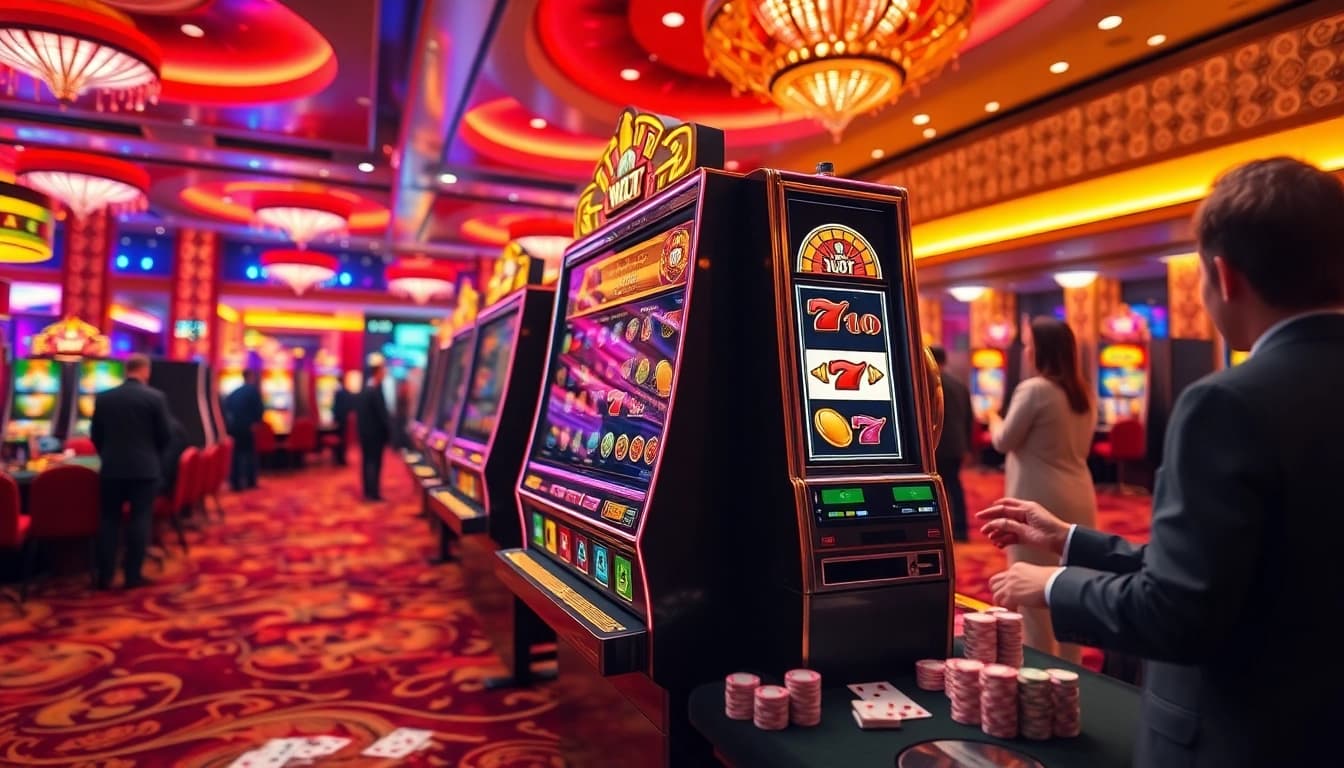 IDNslot gaming experience showcasing a luxurious casino filled with engaging slot machines and vibrant energy.