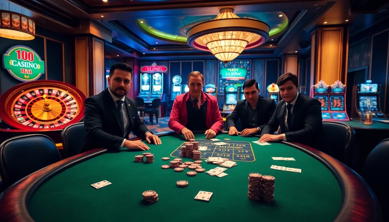 Engaging players at a luxurious casino table featuring promotions from https://kkwinzz.com/ with poker chips and slots.