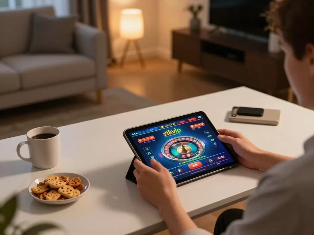 Engaging with the rikvip online casino app through a tablet in a cozy home environment