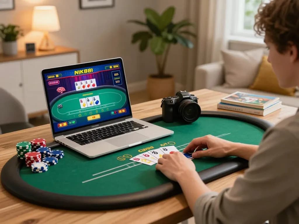 nk88 player engaging in online casino gaming at home, vibrant atmosphere with laptop and poker chips