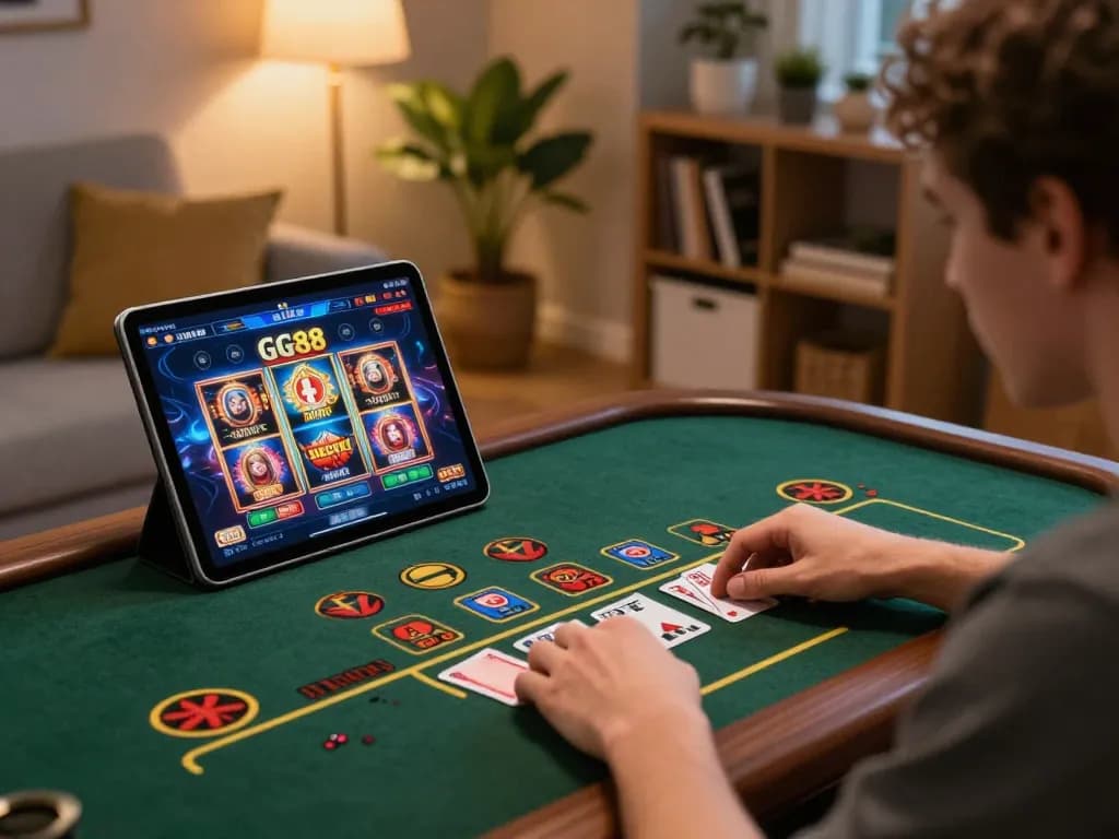 Player enjoying dynamic gameplay on GG88 casino app in a cozy home setting