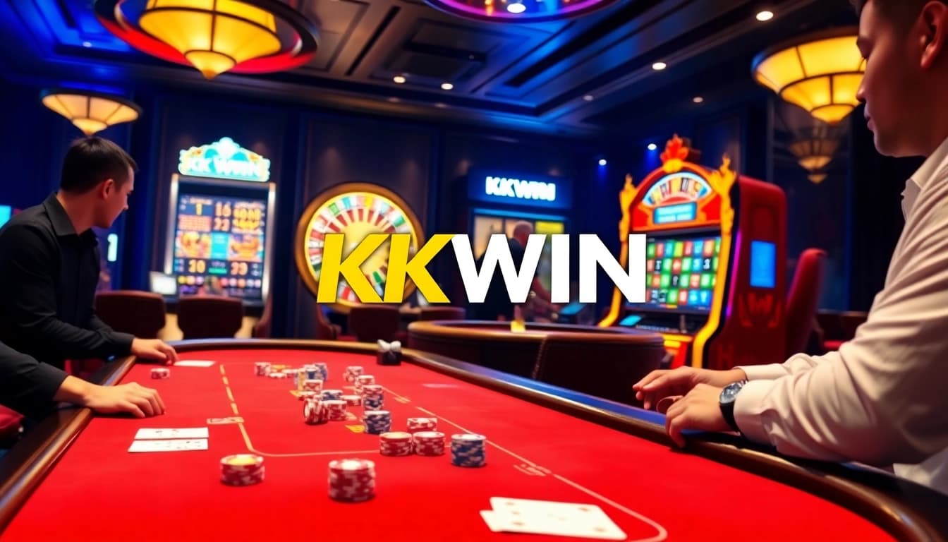 Kkwin poker table action with vibrant lights and chips in an exciting casino environment.