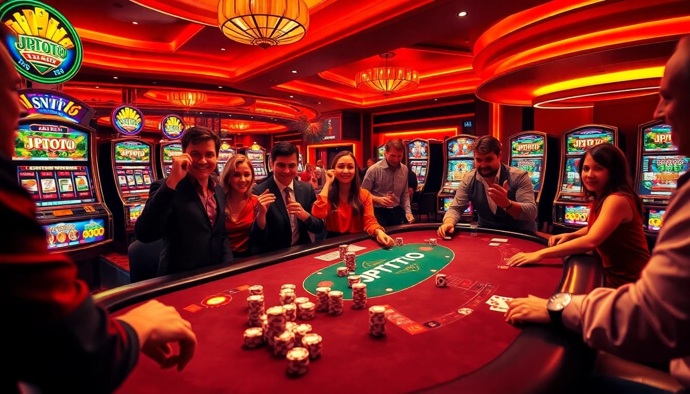 Pemain yang terlibat menikmati kegembiraan di meja kasino bertema JPTOTO yang menampilkan permainan poker dan dadu.