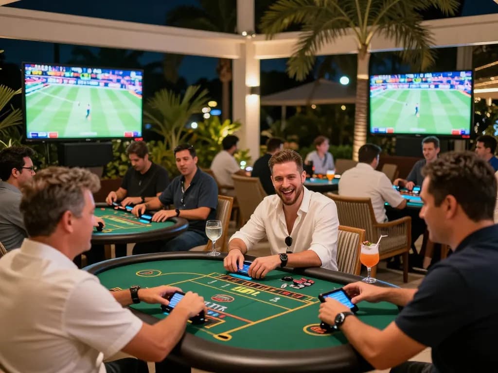 Excited players engaged in sports betting at nk88 nhà cái uy tín terrace, live match screens in background