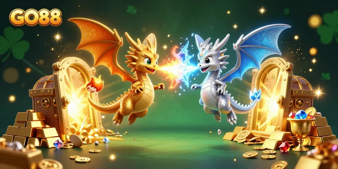 Spin the reels at GO88 with vibrant dragons amid treasure in a lively 3D scene.