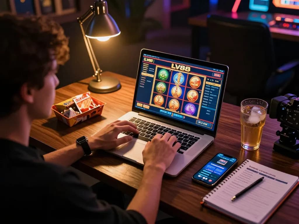 Player interacting with LV88 online casino game on laptop screen during cozy gaming session