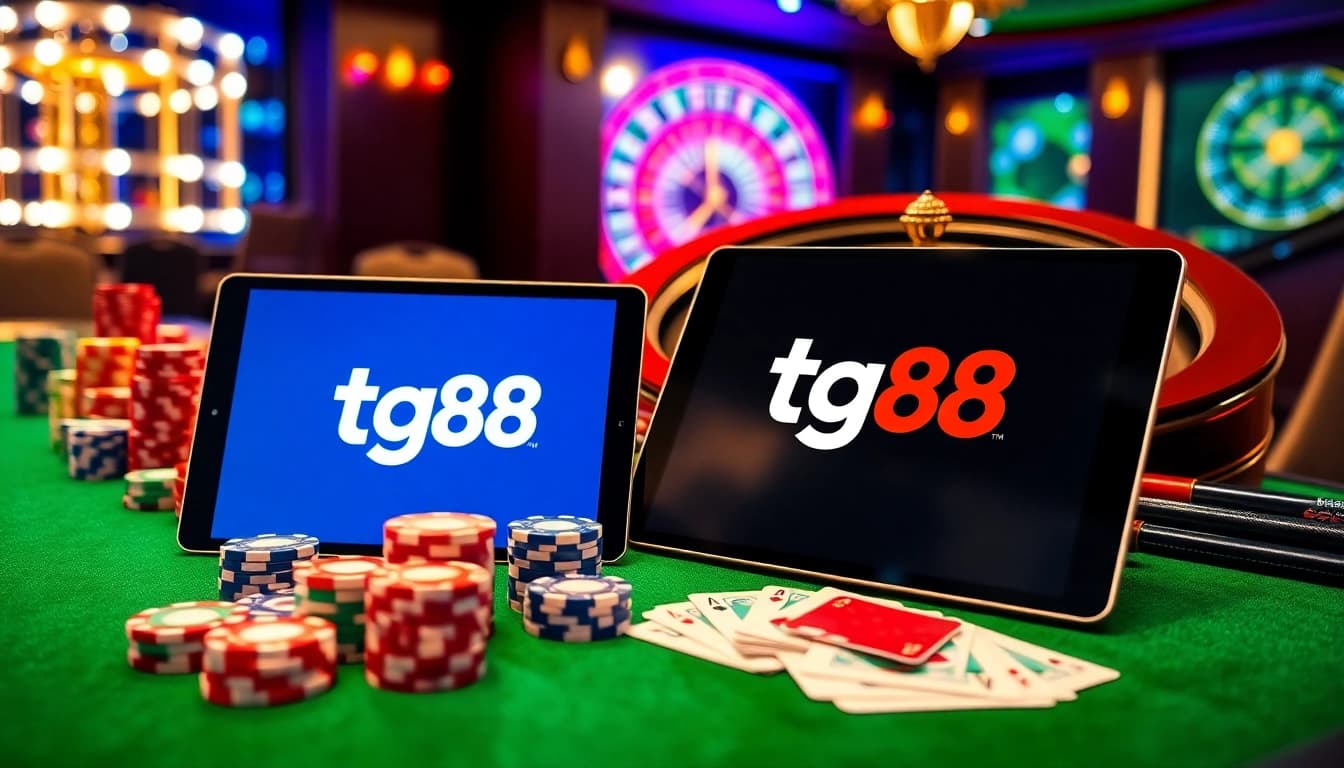 Experience thrilling gaming at tg88 casino filled with poker chips, cards, and roulette excitement.