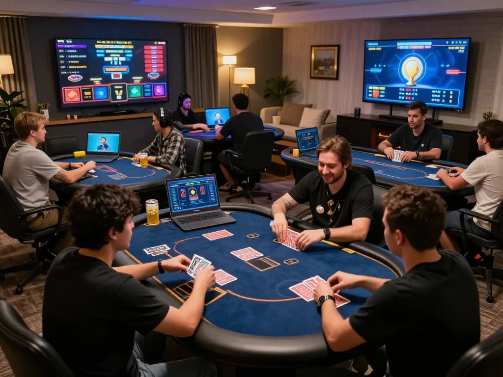 Engaging in online poker gameplay at C168 with friends in a vibrant home setting.