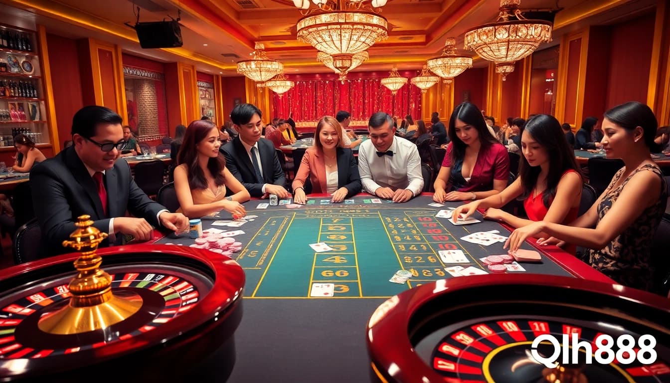 Players engaging in exciting casino games at qh88 with vibrant chips and cards in action.