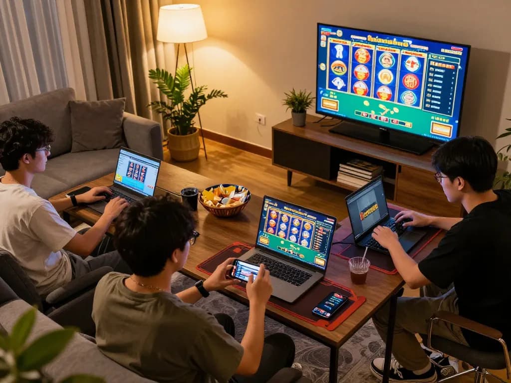 KONG88 players engaging in exciting online casino gameplay at home, showcasing dynamic game interface and personal gaming setup.