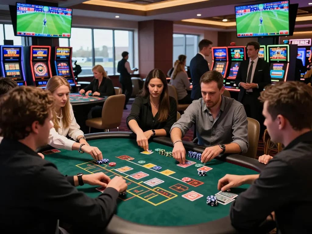 SBOBET live sports betting with diverse friends at a vibrant casino table.