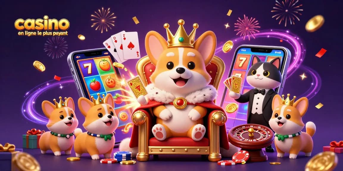 Experience the excitement of casino en ligne le plus payant with vibrant 3D illustration of royal corgi and gaming elements.