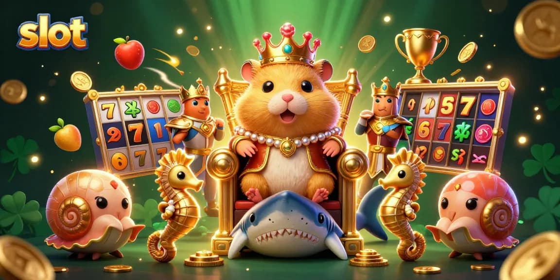 Permainan slot yang seru menampilkan hamster emas raja di singgasana gigi hiu megalodon, dikelilingi simbol slot.