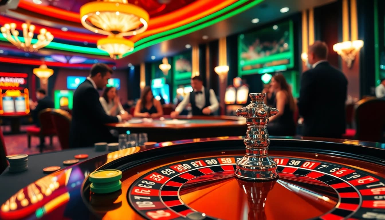 Permainan agen bola sbobet yang penuh energi di kasino, menunjukkan roda roulette dan pemain yang terlibat.