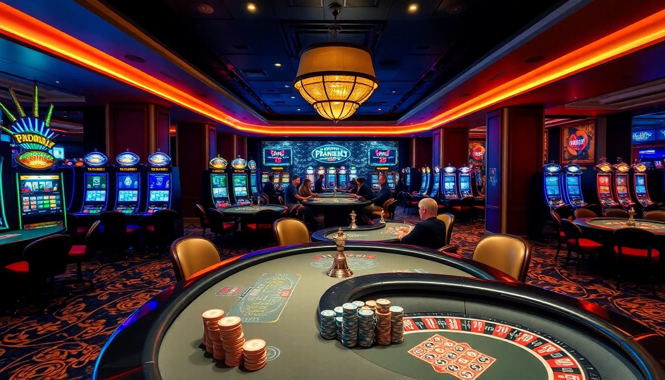 Experience thrilling gaming action in a chic SoDo casino environment with poker tables and vibrant slot machines.