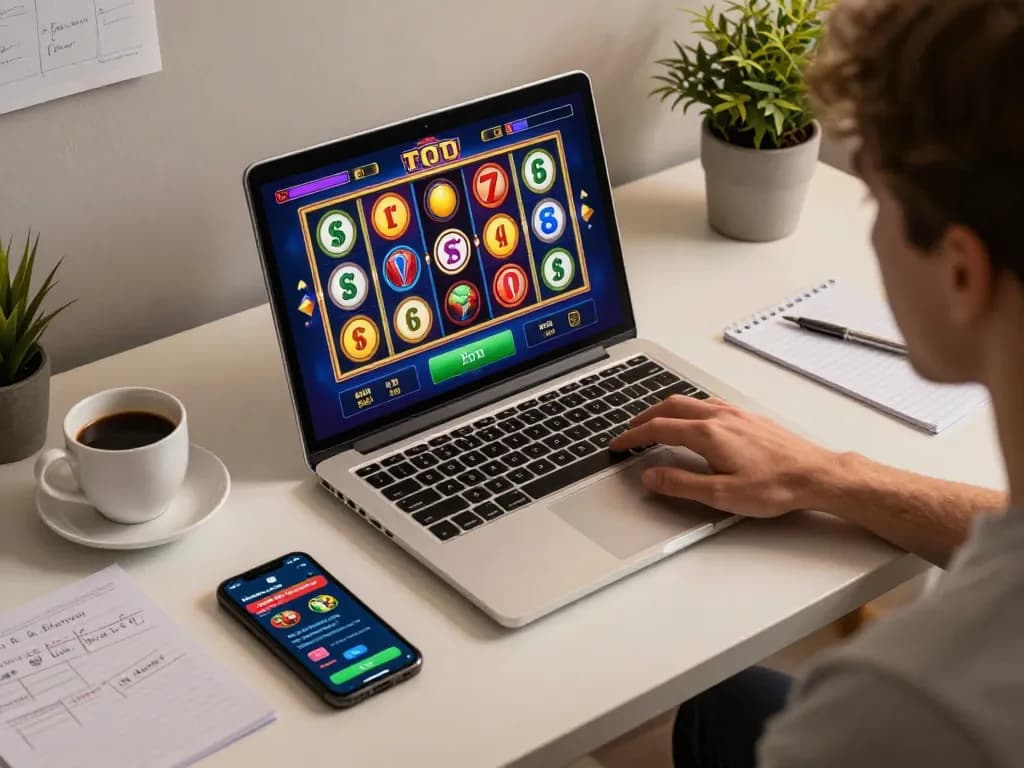 Bermain permainan toto slot yang menarik di laptop, menampilkan gulungan yang cerah dan pengaturan permainan modern.