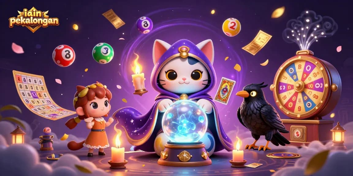 Engage with iain pekalongan's vibrant lottery scene, showcasing a mystical fortune teller and dynamic game elements.