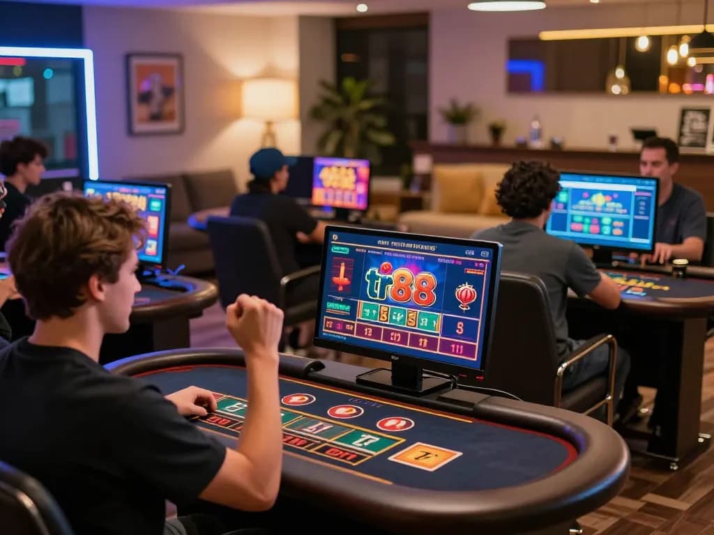 Engaged players using app tr88 for online gaming in a lively casino environment.
