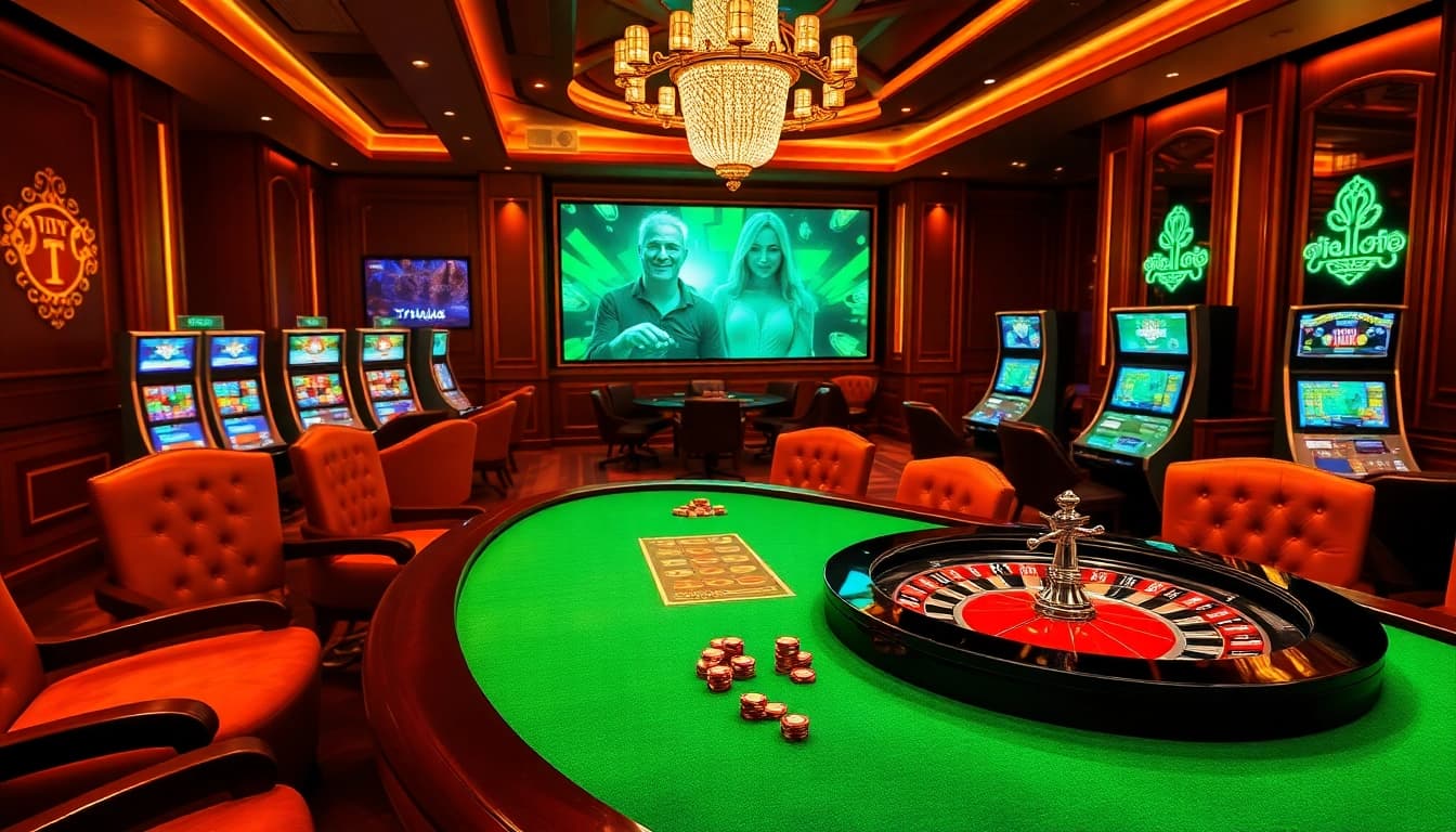 Typhu88 online casino environment showcasing a lively atmosphere with poker chips and roulette wheel.